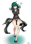  ? animal_print black_dress breasts crossed_arms curly_hair dress full_body green_eyes green_hair highres knees legs one-punch_man panties redchicken simple_background solo spoken_question_mark tatsumaki underwear white_background white_panties 