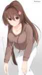  blush breasts broom brown_hair brown_sweater cleavage collarbone eyebrows_visible_through_hair feet_out_of_frame flower gradient gradient_background hair_between_eyes hair_flower hair_intakes hair_ornament highres kantai_collection large_breasts long_hair looking_at_viewer pants pink_eyes ponytail ribbed_sweater sakikumo_(sakumo) sidelocks smile solo sweater twitter_username very_long_hair white_background white_pants yamato_(kantai_collection) 