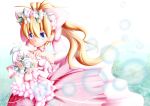  bangs blonde_hair blue_eyes blush bouquet bow ciel_(rockman) commentary_request dress elbow_gloves eyebrows_visible_through_hair flower flower_wreath frilled_dress frills gloves hair_between_eyes hair_bow hair_flower hair_ornament happy head_wreath high_ponytail holding holding_bouquet huge_bow long_hair pink_bow pink_dress pink_wedding_dress ponytail rockman rockman_zero semikichi smile solo wedding_dress 