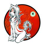  amaterasu animal_ears arched_back arm_support barefoot blue_eyes bodypaint empty_eyes facial_mark flat_chest forehead_mark groin issun kintaro long_hair multicolored_hair no_nipples nude ookami_(game) open_mouth personification seiza sitting tail two-tone_hair white_hair wolf_ears wolf_tail 