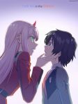  1girl absurdres bangs black_hair blue_eyes commentary_request copyright_name couple darling_in_the_franxx face-to-face facing_another green_eyes hair_ornament hairband hand_on_another's_face hetero highres hiro_(darling_in_the_franxx) horns long_hair long_sleeves looking_at_another military military_uniform murayuki1404 necktie oni_horns pink_hair red_horns red_neckwear twitter_username uniform white_hairband zero_two_(darling_in_the_franxx) 