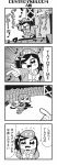  2girls 4koma :3 :d arm_up arms_behind_back bangs bkub blush bow bowl capelet chopsticks clenched_hand closed_eyes comic costume crowd dj dj_copy_and_paste dress eating emphasis_lines english eyebrows_visible_through_hair fang flower flying_sweatdrops glasses greyscale hair_flower hair_ornament halftone hat headphones highres holding holding_bowl holding_chopsticks honey_come_chatka!! jumping komikado_sachi long_hair lyrics monochrome multiple_girls music musical_note one_eye_closed open_mouth pointing raised_fist scabbard sheath shirt short_hair side_ponytail sidelocks simple_background singing sitting smile speech_bubble stage swept_bangs talking tayo translation_request two-tone_background two_side_up 