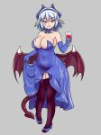  bare_shoulders black_panties blue_dress blue_gloves breasts commentary cup demon_girl demon_tail demon_wings dress drinking_glass elbow_gloves english_commentary eyebrows_visible_through_hair facial_tattoo full_body gloves grey_background hairband heart_tattoo highres horns large_breasts looking_at_viewer monster_girl_encyclopedia nav navel neck_ribbon open_toe_shoes panties parted_lips pointy_ears red_eyes ribbon see-through shoes short_hair side-tie_panties silver_hair simple_background skirt_hold smile solo strapless strapless_dress succubus_(monster_girl_encyclopedia) succubus_wilmarina tail tattoo thighhighs underwear wilmarina_noscrim wine_glass wings 