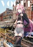  aqua_eyes bag black_legwear black_sweater blurry blurry_background bridge changpan_hutao cityscape commentary_request cover cutoffs darling_in_the_franxx dutch_angle earrings english engrish fake_cover food hairband highres horns jewelry long_hair magazine_cover md5_mismatch mouth_hold navel pink_hair pocky ranguage shorts sidelocks signature standing sweater thighhighs vogue_(magazine) white_hairband zero_two_(darling_in_the_franxx) 