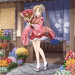  asuna_(sao) blue_flower bouquet brown_eyes brown_hair day floral_print flower full_body hair_flower hair_ornament holding holding_bouquet japanese_clothes kimono long_hair long_sleeves looking_at_viewer miniskirt official_art outdoors pink_flower pink_kimono red_flower red_skirt sidelocks skirt smile socks solo standing sword_art_online tied_hair white_legwear 