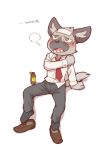  aggressive_retsuko blush clothing cotton_(artist) fangs green_eyes haida hyena inner_ear_fluff japanese_text legwear mammal necktie sanrio simple_background socks text 