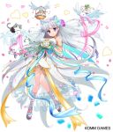  &gt;_&lt; :3 armlet bare_shoulders basket bird blue_ribbon bouquet breasts brown_eyes cat clover dove dress eyebrows_visible_through_hair flower full_body hair_flower hair_ornament heart hellnyaa holding holding_flower long_hair medium_breasts noel_(x-overd) official_art petals pink_ribbon ribbon riding_bird silver_hair smile standing veil very_long_hair watermark wedding_dress white_dress x-overd yellow_ribbon 