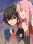  1boy 1girl arm_over_shoulder bangs black_hair blue_eyes chiharu_(9654784) cloud cloudy_sky commentary_request couple darling_in_the_franxx evening green_eyes hair_ornament hairband hetero highres hiro_(darling_in_the_franxx) horns lipstick long_hair long_sleeves looking_at_another makeup military military_uniform necktie oni_horns orange_neckwear pink_hair red_horns red_neckwear sky sweatdrop tongue tongue_out uniform white_hairband zero_two_(darling_in_the_franxx) 
