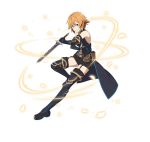  bangs black_cape black_gloves black_shorts blue_eyes boots cape elbow_gloves fingerless_gloves full_body garter_straps gloves hair_between_eyes holding holding_sword holding_weapon leg_up navel official_art orange_hair philia_(sao) short_hair short_shorts shorts simple_background smile solo sword sword_art_online sword_art_online:_code_register thigh_boots thighhighs waist_cape weapon white_background 