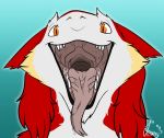  ambiguous_gender black_lips cheekfluff drooling fangs fur jeany545 looking_at_viewer open_mouth orange_eyes red_fur saliva sergal solo teeth tongue white_fur 