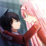  1boy 1girl black_hair blue_eyes couple darling_in_the_franxx face_to_face green_eyes hair_ornament hairband hiro_(darling_in_the_franxx) horns long_hair looking_at_another oni_horns pink_hair red_horns seruza_26 short_hair sweat white_hairband zero_two_(darling_in_the_franxx) 