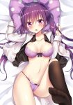  black_legwear bow bowtie bra breasts cameltoe cleavage closed_eyes commentary_request feet gochuumon_wa_usagi_desu_ka? hair_ornament highres long_hair long_sleeves looking_at_viewer lying medium_breasts navel on_back open_clothes open_mouth open_shirt panties pillow piripun purple_bra purple_eyes purple_hair purple_panties rabbit_house_uniform signature soles solo tedeza_rize thighhighs twintails underwear undressing x_hair_ornament 