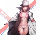  1boy 1girl black_hair boots breasts censor_hair coat coat_on_shoulders darling_in_the_franxx goowle9010 hair_over_breasts hat hiro_(darling_in_the_franxx) long_hair looking_at_viewer medium_breasts open_clothes open_coat panties pink_hair short_hair underwear white_boots white_coat white_panties white_underwear z3s2 zero_two_(darling_in_the_franxx) 