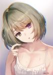  bangs bare_shoulders blue_eyes breasts brown_hair cleavage collarbone commentary_request eyebrows_visible_through_hair green_eyes head_tilt heterochromia idolmaster idolmaster_cinderella_girls looking_at_viewer medium_breasts meto31 mole mole_under_eye parted_lips short_hair solo sweat swept_bangs takagaki_kaede white_camisole 