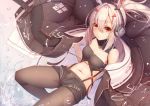  absurdres alternate_costume artist_name ayanami_(azur_lane) azur_lane bangs bare_shoulders black_coat black_footwear black_legwear black_shorts blush boots breasts closed_mouth coat commentary_request eyebrows_visible_through_hair hair_between_eyes hand_on_head headgear headphones highres leg_up long_hair long_sleeves looking_at_viewer navel open_clothes open_coat oversized_clothes pantyhose pantyhose_under_shorts ponytail red_eyes short_shorts shorts silver_hair smile solo splashing standing suspenders tatapopo water water_drop wet white_hair wire zipper 
