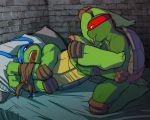  anal anal_masturbation anthro athletic bed belt biceps bound brothers dripping duo erection green_penis green_skin incest kneeling legs_up leonardo_(tmnt) licking lying male male/male mask masturbation muscular ninja on_side one_eye_closed open_mouth oral penis pillow precum raphael_(tmnt) reptile rimming saliva scales scalie sex sibling smile sneefee teenage_mutant_ninja_turtles teeth tongue tongue_out turtle yellow_eyes 