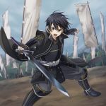  armor black_gloves black_hair cloud cloudy_sky day fingerless_gloves floating_hair gloves grey_pants hair_between_eyes holding holding_sword holding_weapon japanese_armor kirito male_focus official_art outdoors outstretched_arms pants sky solo stance sword sword_art_online weapon 