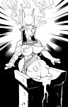  2018 anthro big_breasts blackshirtboy bovine breasts cattle egyptian_mythology female glowing glowing_eyes hair horn jewelry lactating magic mammal monochrome nipples solo standing teats transformation udders 