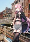  aqua_eyes bag black_legwear black_sweater blurry blurry_background bridge changpan_hutao cityscape commentary_request cutoffs darling_in_the_franxx dutch_angle earrings food hairband highres horns jewelry long_hair md5_mismatch mouth_hold navel pink_hair pocky shorts sidelocks standing sweater thighhighs white_hairband zero_two_(darling_in_the_franxx) 