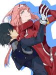  1girl absurdres bangs black_bodysuit black_hair bodysuit commentary_request couple darling_in_the_franxx eyebrows_visible_through_hair fingernails gloves green_eyes hair_ornament hairband hetero highres hiro_(darling_in_the_franxx) holding_hands horns long_hair one_eye_closed oni_horns partial_commentary pilot_suit pink_hair red_bodysuit red_gloves red_horns touwaki14 white_gloves white_hairband zero_two_(darling_in_the_franxx) 
