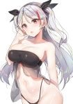  absurdres arm_behind_back azur_lane bikini black_bikini blush breasts cleavage collarbone hair_ribbon highres large_breasts long_hair looking_at_viewer mole mole_on_breast multicolored_hair navel open_mouth prinz_eugen_(azur_lane) ribbon silver_hair simple_background solo streaked_hair swimsuit two_side_up white_background yayoichi_(yoruyoru108) 