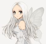  breasts detached_sleeves dress frills grey_eyes long_hair long_sleeves looking_at_viewer misteor original solo white_background white_hair white_wings wings 