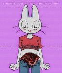  anthro blood blush clothed clothing cuteosphere dialogue english_text eyes_closed female fur gore grotesque its_just_a_flesh_wound jeans lagomorph long_ears mammal pants rabbit shirt solo text tongue 