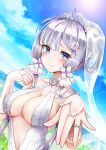  absurdres alternate_costume alternate_hairstyle azur_lane bad_id bad_pixiv_id bangs blue_eyes blue_sky blush breasts bridal_gauntlets bridal_veil cleavage cloud collarbone commentary crying crying_with_eyes_open day dress english_commentary eyebrows_visible_through_hair flower folded_hair gui_ss hair_flower hair_ornament hair_ribbon hand_up happy_tears highres illustrious_(azur_lane) jewelry large_breasts long_hair looking_at_viewer mole mole_under_eye outdoors ribbon ring sidelocks sky smile solo sparkle sun tears tied_hair tress_ribbon veil wedding_dress wedding_ring white_dress white_hair 