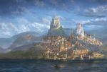  alayna_danner ambiguous_gender blue_sky boat castle city cloud cloudy_sky commentary day english_commentary fantasy fog highres hill lake mountain original outdoors scenery sky watercraft 