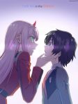  1girl absurdres bangs black_hair blue_eyes commentary_request copyright_name couple darling_in_the_franxx face-to-face facing_another green_eyes hair_ornament hairband hand_on_another's_face hetero highres hiro_(darling_in_the_franxx) horns long_hair long_sleeves looking_at_another military military_uniform murayuki1404 necktie oni_horns pink_hair red_horns red_neckwear twitter_username uniform white_hairband zero_two_(darling_in_the_franxx) 