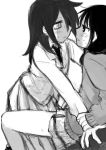  blush chikiso commentary_request face-to-face from_side greyscale hair_over_one_eye kuroki_tomoko long_hair long_sleeves monochrome multiple_girls open_mouth profile school_uniform shadow sketch skirt sweat tamura_yuri watashi_ga_motenai_no_wa_dou_kangaetemo_omaera_ga_warui! white_background wrist_grab yuri 