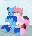  2018 anthro blep blue_eyes blue_fur boxers_(clothing) briefs bulge cat clothing cub cynxie_(artist) duo embrace feline fur hair haziq(hazumazu) kneeling male male/male mammal navel naz_namaki_(cynxie) pink_fur pink_hair red_pupils simple_background smile tongue tongue_out underwear young 