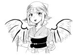  alternate_costume animal_ears bangs bird_wings blush chopsticks commentary_request eyebrows_visible_through_hair greyscale head_scarf himajin_noizu holding monochrome mystia_lorelei obi okamisty open_mouth sash short_hair simple_background solo touhou upper_body white_background wings 