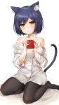  animal_ears bangs bare_shoulders bed_sheet blue_hair blush cat_ears cat_tail closed_mouth commentary cup hands_up highres holding looking_at_viewer mug nijisanji no_shoes off_shoulder pantyhose shirt shizuka_rin short_hair simple_background sitting smile solo tail tail_raised tanyatonya virtual_youtuber white_background white_shirt yellow_eyes 