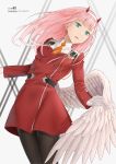  ahoge1 aqua_eyes bangs black_legwear commentary_request darling_in_the_franxx eyebrows_visible_through_hair gloves hairband highres horns long_hair open_mouth orange_neckwear pantyhose pilot_suit pink_hair red_horns single_wing solo uniform white_gloves white_hairband white_wings wings zero_two_(darling_in_the_franxx) 