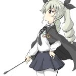  anchovy anzio_(emblem) anzio_school_uniform bangs belt black_belt black_cape black_neckwear black_ribbon black_skirt cape closed_mouth commentary_request cowboy_shot dress_shirt drill_hair emblem eyebrows_visible_through_hair girls_und_panzer green_hair hair_ribbon hand_on_hip highres holding long_hair long_sleeves miniskirt necktie pantyhose pleated_skirt red_eyes ribbon riding_crop school_uniform shirt simple_background skirt smile solo standing twin_drills twintails wabiushi white_background white_legwear white_shirt wing_collar 