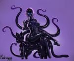  2015 big_breasts bitchsuit breasts dark_skin domination duo female hi_res humanoid modeseven monster monster_girl_(genre) nipples shiny simple_background sitting tentacle_monster tentacles 