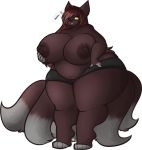  2015 anthro areola belly big_belly big_breasts big_nipples breasts brown_fur brown_hair brown_nipples canine clothing cute female fox fur hair hand_on_breast hi_res huge_breasts long_hair mammal multi_tail navel nipples obese one_eye_closed overweight pants simple_background smile solo tehbuttercookie text white_background wide_hips wink yellow_eyes 
