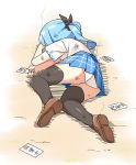  black_bow black_legwear blue_hair blue_skirt bow brown_footwear commentary_request full_body hair_bow hatsunatsu loafers lying on_ground on_side original panties plaid plaid_skirt pleated_skirt ponytail shirt shoe_soles shoes short_sleeves skirt solo thighhighs translation_request underwear white_panties white_shirt yamcha_pose 