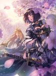  :d armor armored_boots armored_dress blonde_hair boots breasts brown_eyes brown_hair cherry_blossoms cleavage cleavage_cutout day dress earrings erika_(shadowverse) floating_hair flower garter_straps gauntlets green_eyes grey_dress head_tilt highres holding holding_sword holding_weapon jewelry katana kuroi_susumu large_breasts long_hair medium_breasts multiple_girls open_mouth outdoors pink_flower shadowverse short_dress short_hair sideboob smile sunlight sword thigh_boots thighhighs very_long_hair weapon 