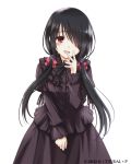  :d black_dress black_hair brown_eyes cowboy_shot date_a_live dress flower gothic_lolita hair_flower hair_ornament hair_over_one_eye hair_ribbon konoe_(fogtracks) lolita_fashion long_dress long_hair looking_at_viewer open_mouth purple_flower red_ribbon ribbon smile solo standing tokisaki_kurumi transparent_background twintails very_long_hair 