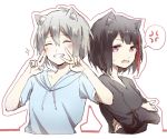  ^_^ anger_vein animal_ears aoba_moka bang_dream! black_hair black_shirt blue_hoodie bob_cut cat_ears closed_eyes cropped_torso crossed_arms double_v drawstring fang grey_hair grin hair_between_eyes highres hood hood_down hoodie kemonomimi_mode long_sleeves mitake_ran multicolored_hair multiple_girls open_mouth outline purple_eyes red_hair shirt short_hair short_sleeves smile sparkle spoken_anger_vein streaked_hair sweatdrop upper_body v v-neck white_background xuanwo_o 