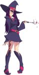  alternate_costume belt boots burn_scar commentary cosplay english_commentary full_body glasses hair_over_one_eye hat highres ikezawa_hanako katawa_shoujo knee_boots little_witch_academia long_hair long_sleeves looking_at_viewer luna_nova_school_uniform purple_eyes purple_hair robe rtil scar simple_background sketch smile solo sparkle wand white_background wide_sleeves witch_hat 