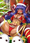  &lt;o&gt;_&lt;o&gt; 1girl alternate_costume animal_ears arms_behind_head bikini blue_eyes blue_hair blush breasts christmas christmas_tree dark_skin elbow_gloves facepaint facial_mark fate/grand_order fate_(series) fur_trim gift gloves hairband highres indoors jackal_ears long_hair medium_breasts medjed mouth_hold navel nitocris_(fate/grand_order) red_bikini santa_costume shibata_rai sidelocks spread_legs swimsuit thighhighs thighhighs_under_boots very_long_hair 