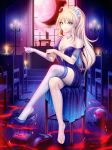  1girl barefoot blonde_hair chair elbow_gloves fate/grand_order feet legs_crossed long_hair looking_at_viewer off_shoulder ponytail saber_alter shoes_removed single_sock sitting smile socks_removed toes white_legwear yellow_eyes 