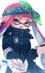  :d bandana bangs black_coat blunt_bangs blurry brown_eyes buttons chromatic_aberration coat commentary_request depth_of_field fang gradient_hair green_background high_collar highres holding holding_paper holding_pen hood hood_down hooded_coat inkling inkling_(language) kashu_(hizake) long_hair long_sleeves looking_at_viewer monster_girl multicolored_hair open_mouth paper pen pink_hair pointy_ears purple_hair reaching_out short_eyebrows signature smile solo splatoon_(series) splatoon_2 tentacle_hair thank_you twitter 