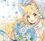  :d animal animal_ears animal_on_shoulder bangs bare_shoulders bird blonde_hair blue_bow blue_eyes blue_flower blush bonnet bouquet bow bunny bunny_on_shoulder cat_ears commentary crescent detached_sleeves diagonal_stripes eyebrows_visible_through_hair flower hair_bow hair_ornament hairclip hat highres holding holding_bouquet long_hair open_mouth original petals rainbow sakura_oriko smile solo star striped striped_bow upper_teeth very_long_hair white_bow white_flower white_hat 