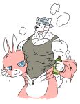  anthro bandanna beverage blush bottle bunny_costume canine clothing costume food furry_character_wearing_fursuit fursuit headkerchief hi_res lagomorph looking_at_viewer male mammal muscular rabbit rabbit_fursuit shirt solo steam sweat syukapong tank_top zipper 