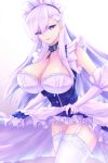  apron azur_lane bangs belfast_(azur_lane) braid breasts chain cleavage collar collarbone commentary corset eyebrows_visible_through_hair french_braid frilled_apron frilled_gloves frills garter_straps gloves gradient gradient_background highres jrpulse large_breasts maid maid_apron maid_headdress purple_eyes purple_hair silver_hair smile solo thighhighs white_apron white_gloves white_hair 