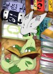  2015 ambiguous_gender anthro blush book claws flygon fur green_fur hat nekonade nintendo pillow pok&eacute;mon pok&eacute;mon_(species) reading red_eyes sitting smile solo video_games wood 